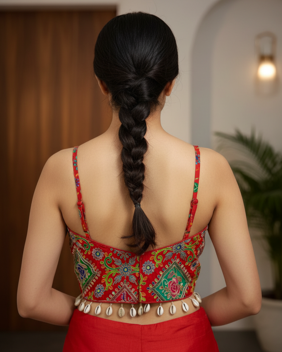 Natural Crepe With Thread Embroidery And Coding Work Blouse red sleeveless vinatge kodi