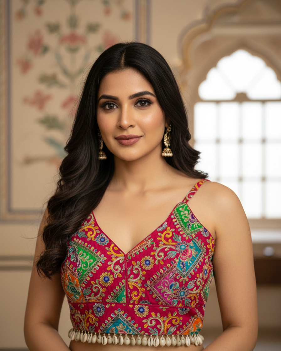 Natural Crepe With Thread Embroidery And Coding Work Blouse Pink sleeveless vinatge Kodi