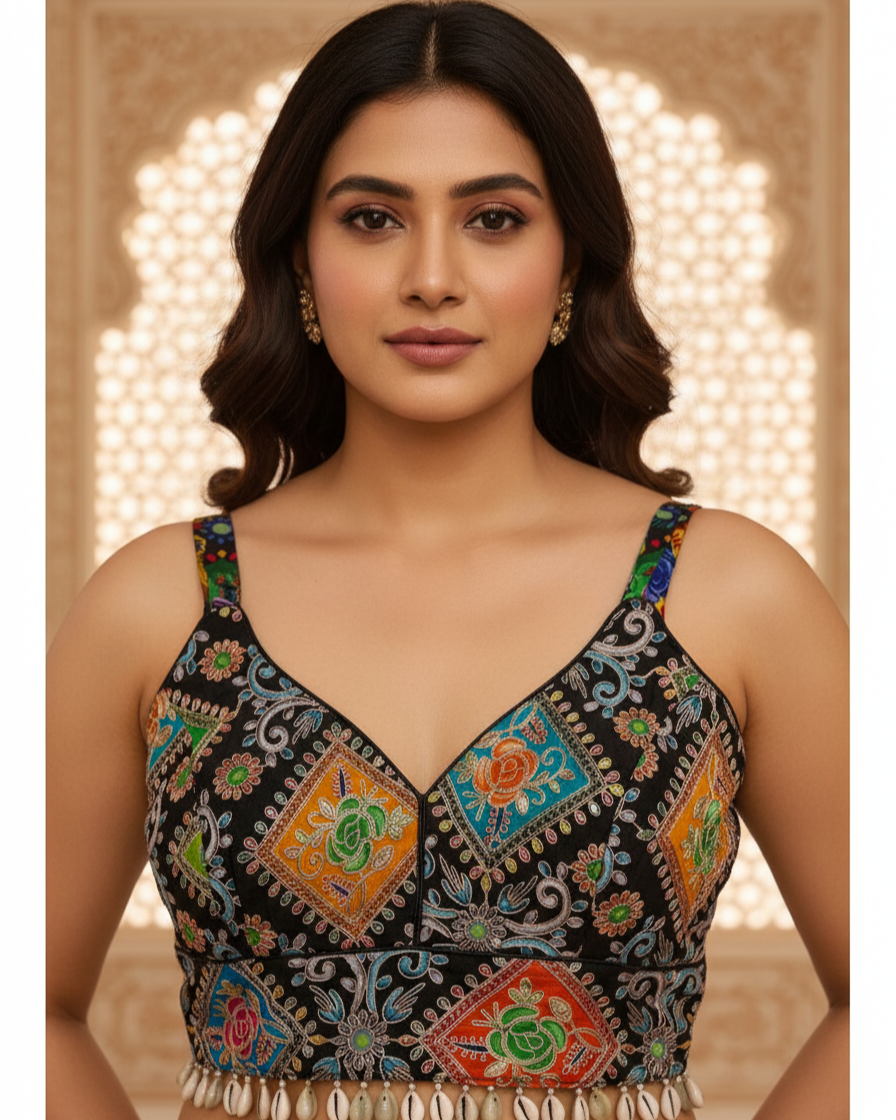 Natural Crepe With Thread Embroidery And Coding Work Blouse black sleeveless vinatge kodi
