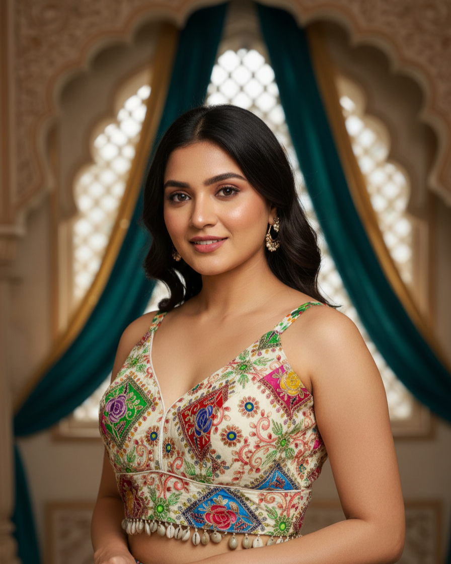 Natural Crepe With Thread Embroidery And Coding Work Blouse off white sleeveless Kodi vinatge
