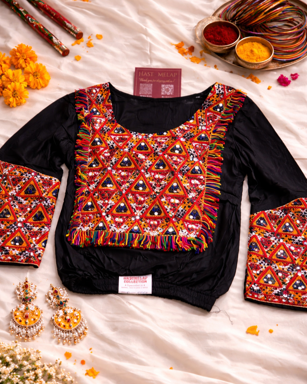 Navratri gamthi mirror work kediya top with full sleeves, Gujarati festive wear black