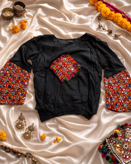 Navratri gamthi mirror work kediya top with full sleeves, Gujarati festive wear black