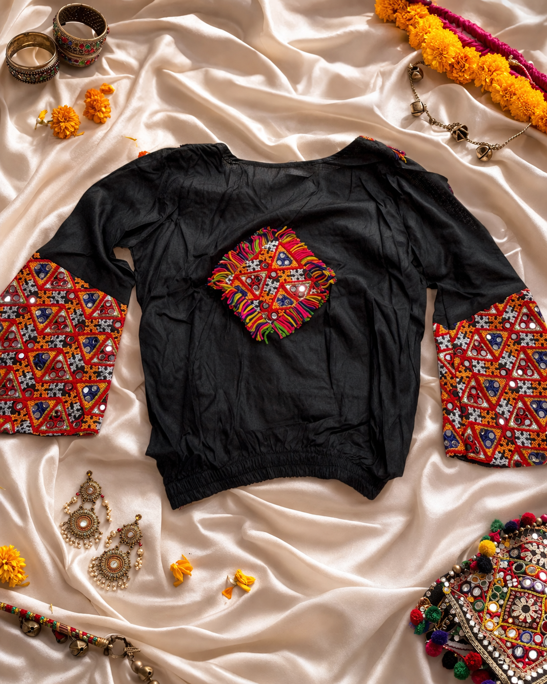 Navratri gamthi mirror work kediya top with full sleeves, Gujarati festive wear black
