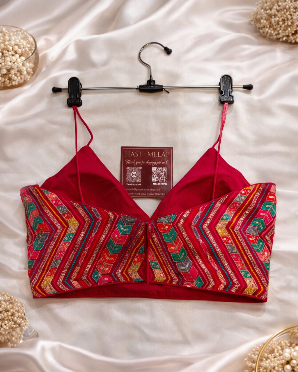 Party wear chinon spaghetti blouse with embroidery and sequin pink sleeveless