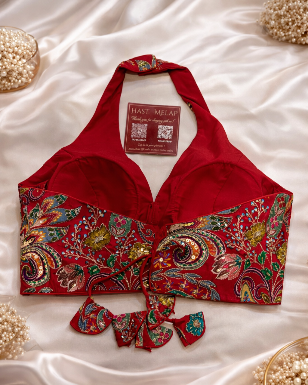 Pure Viscose Crepe Halter Neck Designer Blouse vintage sleeeveless red