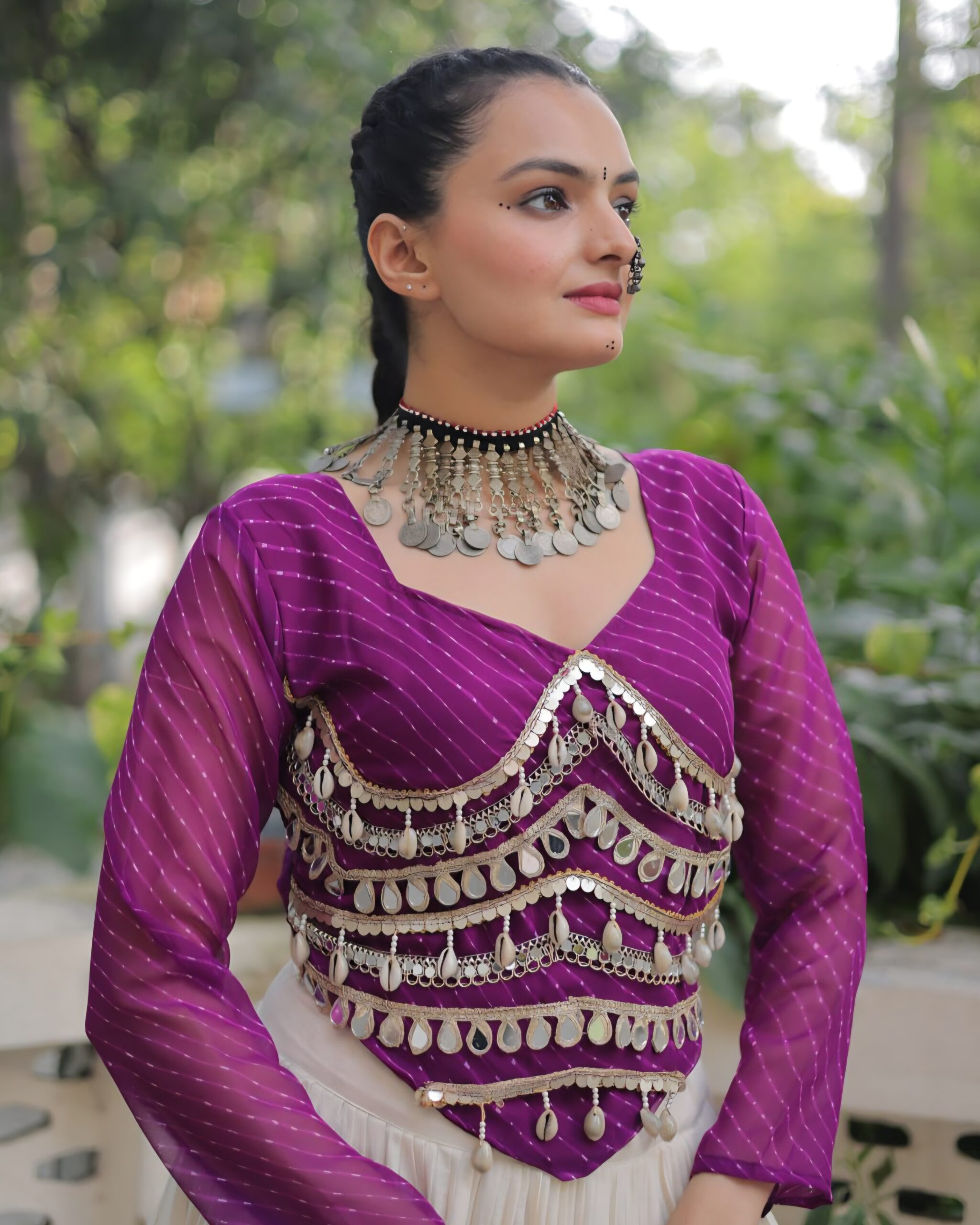 Leheriya Print work With Navratri Attractive Mirror Lace Purple Full Sleeves Blouse kodi