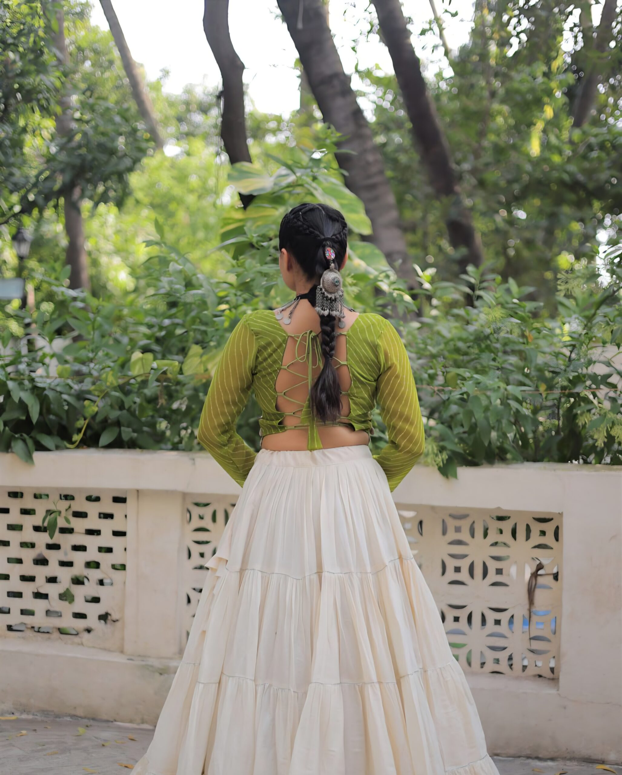 Leheriya Print work With Navratri Attractive Mirror Lace green Full Sleeves Blouse kodi