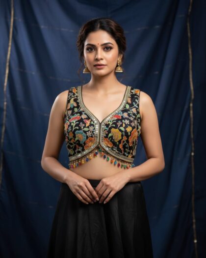 Traditional Embroidered Crepe Blouse for Women | Festive Wear black Attachable Sleeves vintage colourfull shells