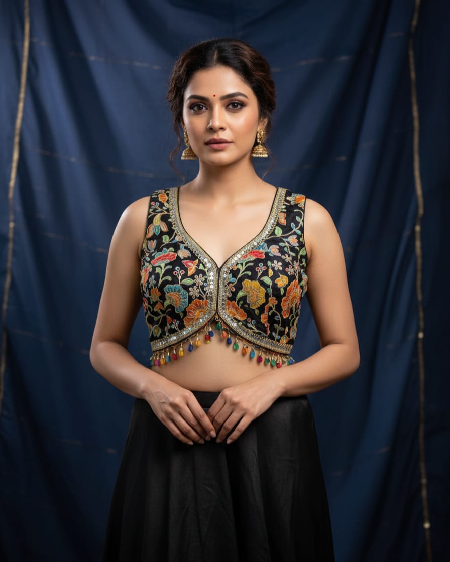 Traditional Embroidered Crepe Blouse for Women | Festive Wear black Attachable Sleeves vintage colourfull shells