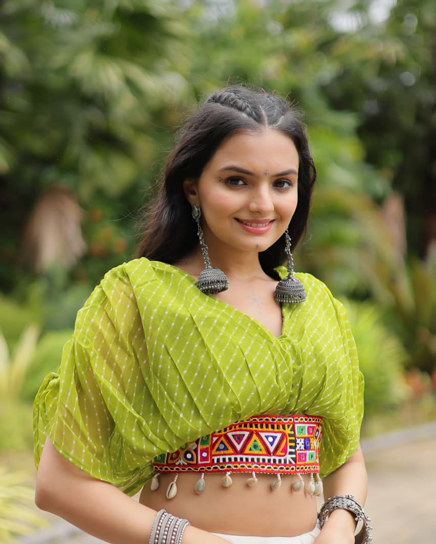 Leheriya Print work with NAVRATRI kutchi patchework in Faux Georgette GREEN Blouse Pleated sleeve