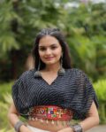 Leheriya Print work with Navratri kutchi patchework in Faux Georgette Black Pleated Sleeve Blouse