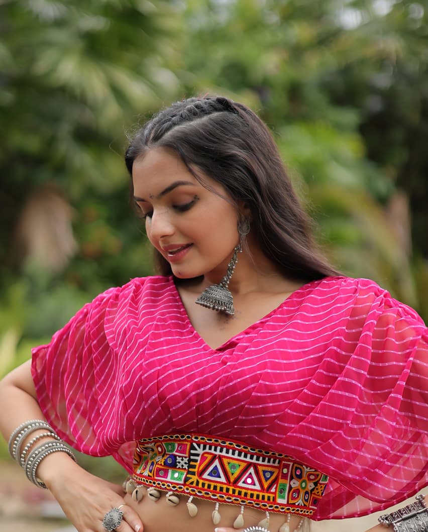 Leheriya Print work with navratri kutchi patchework in Faux Georgette pink Pleated sleeve Blouse