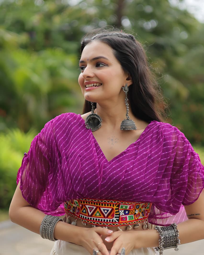 Leheriya Print work with navratri kutchi patchework in Faux Georgette Purple Pleated Sleeve Blouse