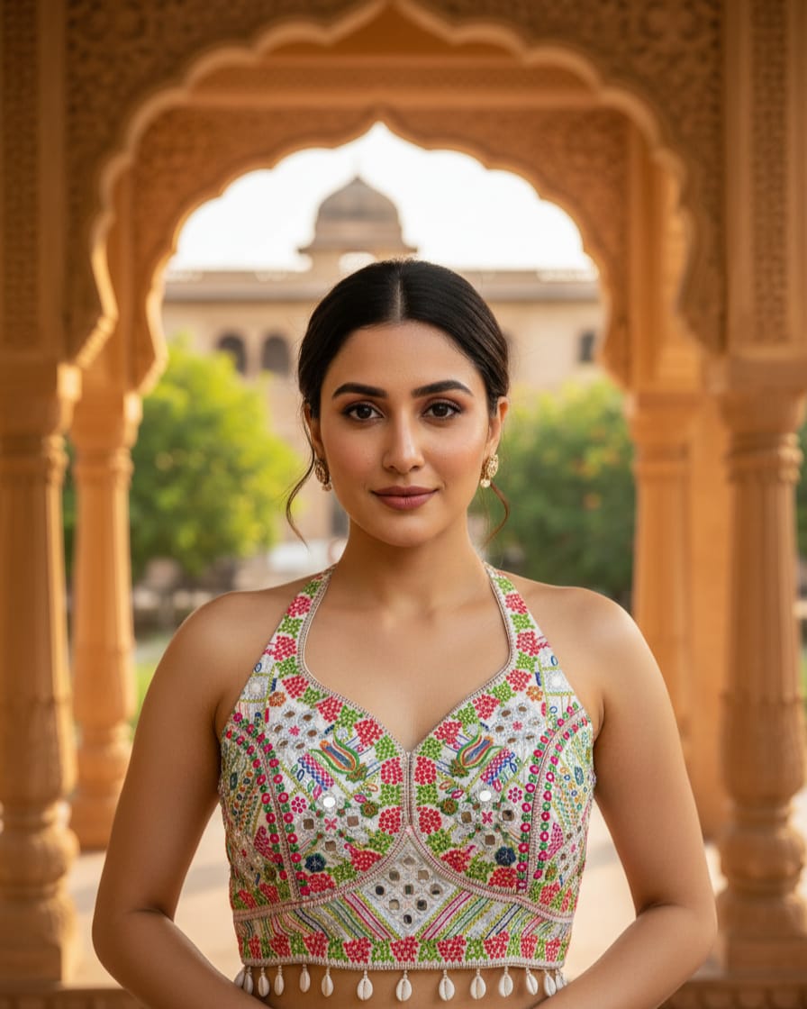 Bollywood Designer Mirror Work Blouse with Kaudi Lace white shells Attachable Sleeves