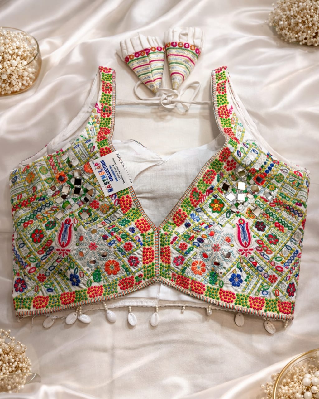 Bollywood Designer Mirror Work Blouse with Kaudi Lace white shells Attachable Sleeves