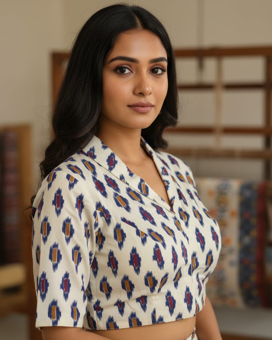 Ajrakh Printed Cotton Designer Blouse Elbow-Length Sleeves Cotton white