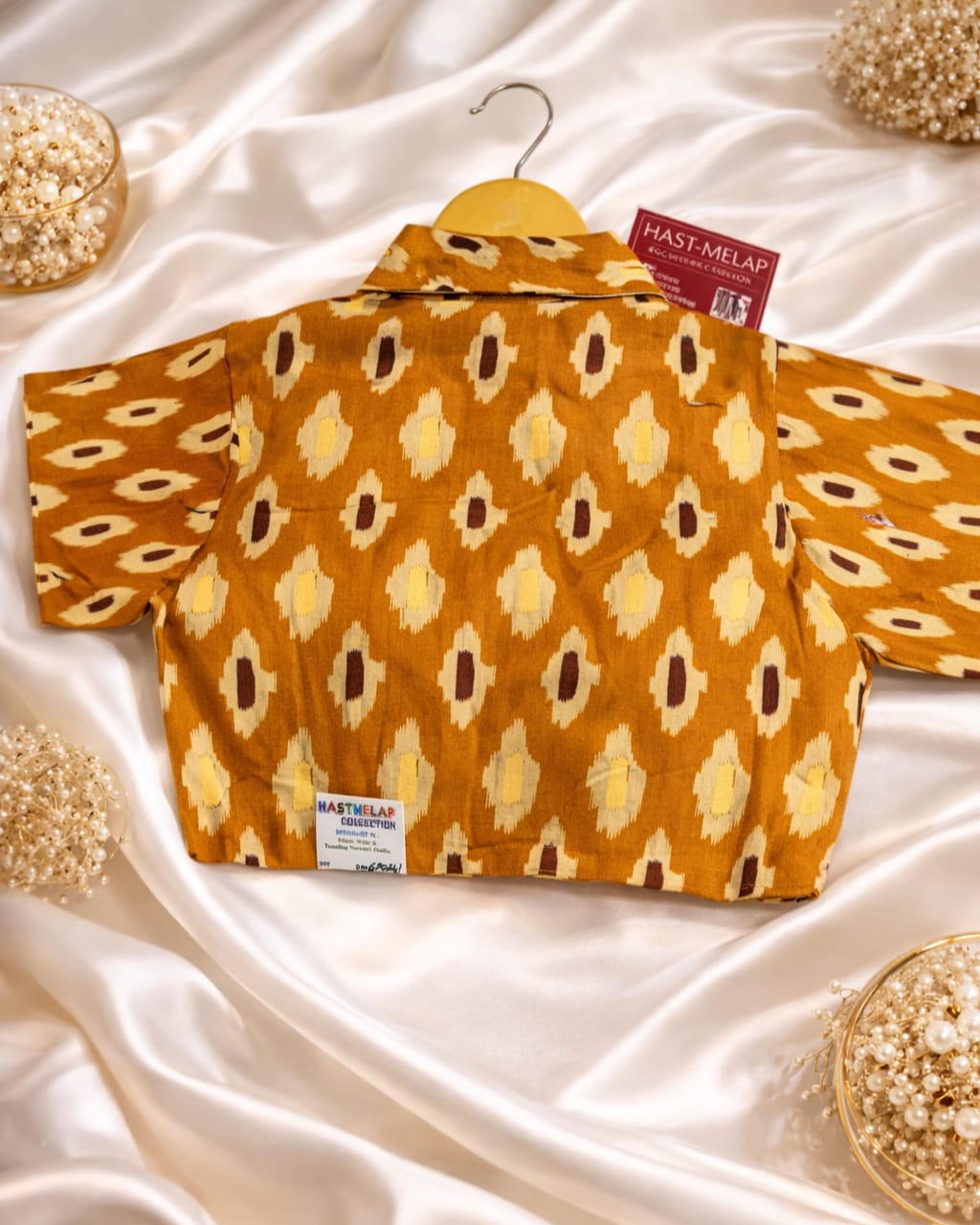 Ajrakh Printed Cotton Designer Blouse Elbow-Length Sleeves Cotton yellow