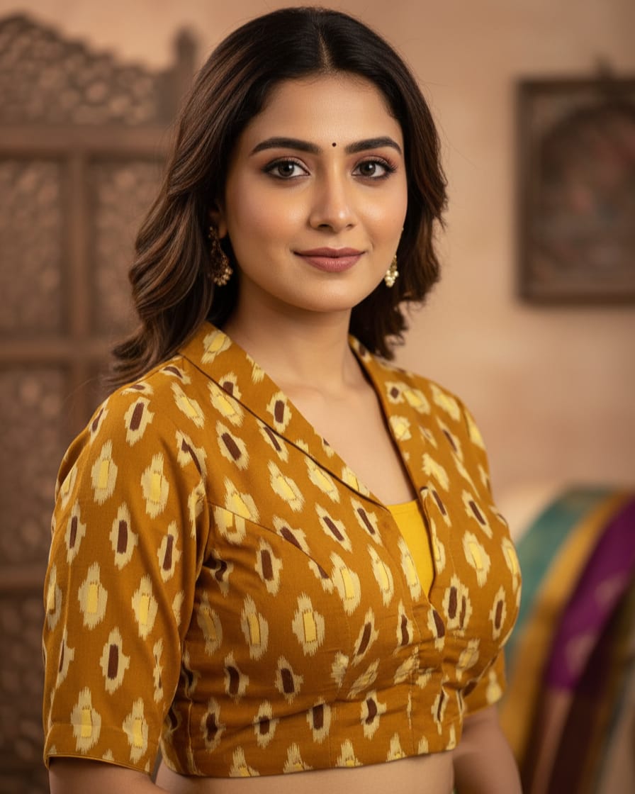 Ajrakh Printed Cotton Designer Blouse Elbow-Length Sleeves Cotton yellow