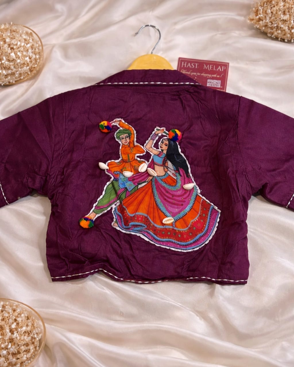 WhatsApp Image 2026-04-11 at 1.12.27 AM (1) Cotton Handmade Print Blouse with White Shell Detailing elbow lenght sleeves purple