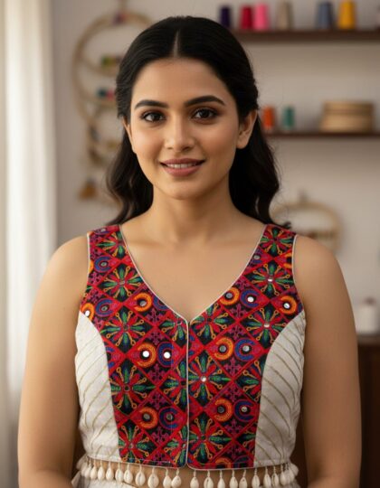 Georgette Embroidery Blouse with Kutchi Patchwork and Shell Work white sleevless navratri