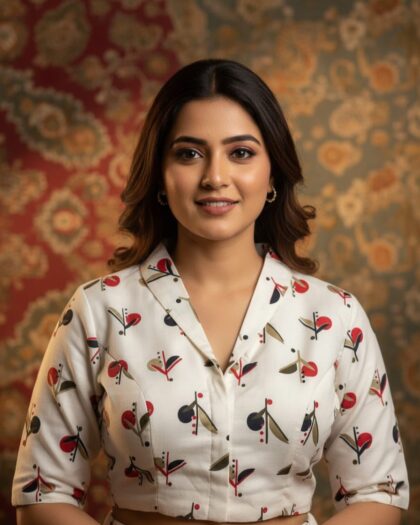 Cotton Ajrakh Print Collar Crop Top Blouse elbow lenght sleeves