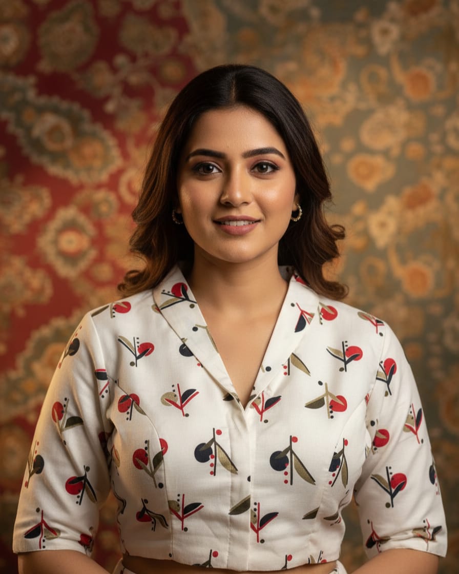 Cotton Ajrakh Print Collar Crop Top Blouse elbow lenght sleeves