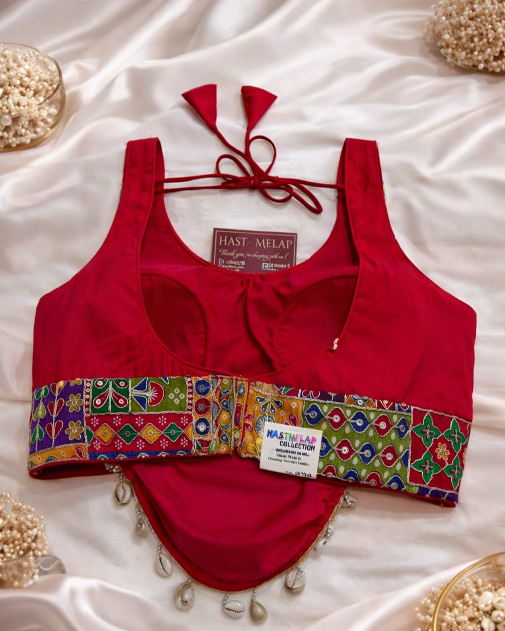 Printed Cotton Blouse with Real Shell Kodi Lace vintages sleevess red