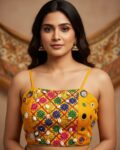 Navratri blouse with mirror work and kodi for garba yellow sleeveless