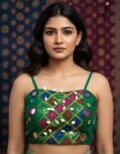 Navratri blouse with mirror work and kodi for garba green sleeveless