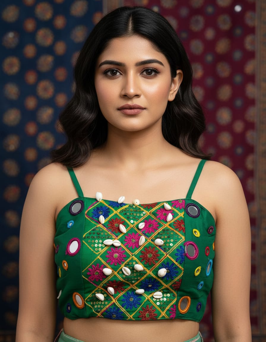 Navratri blouse with mirror work and kodi for garba green sleeveless