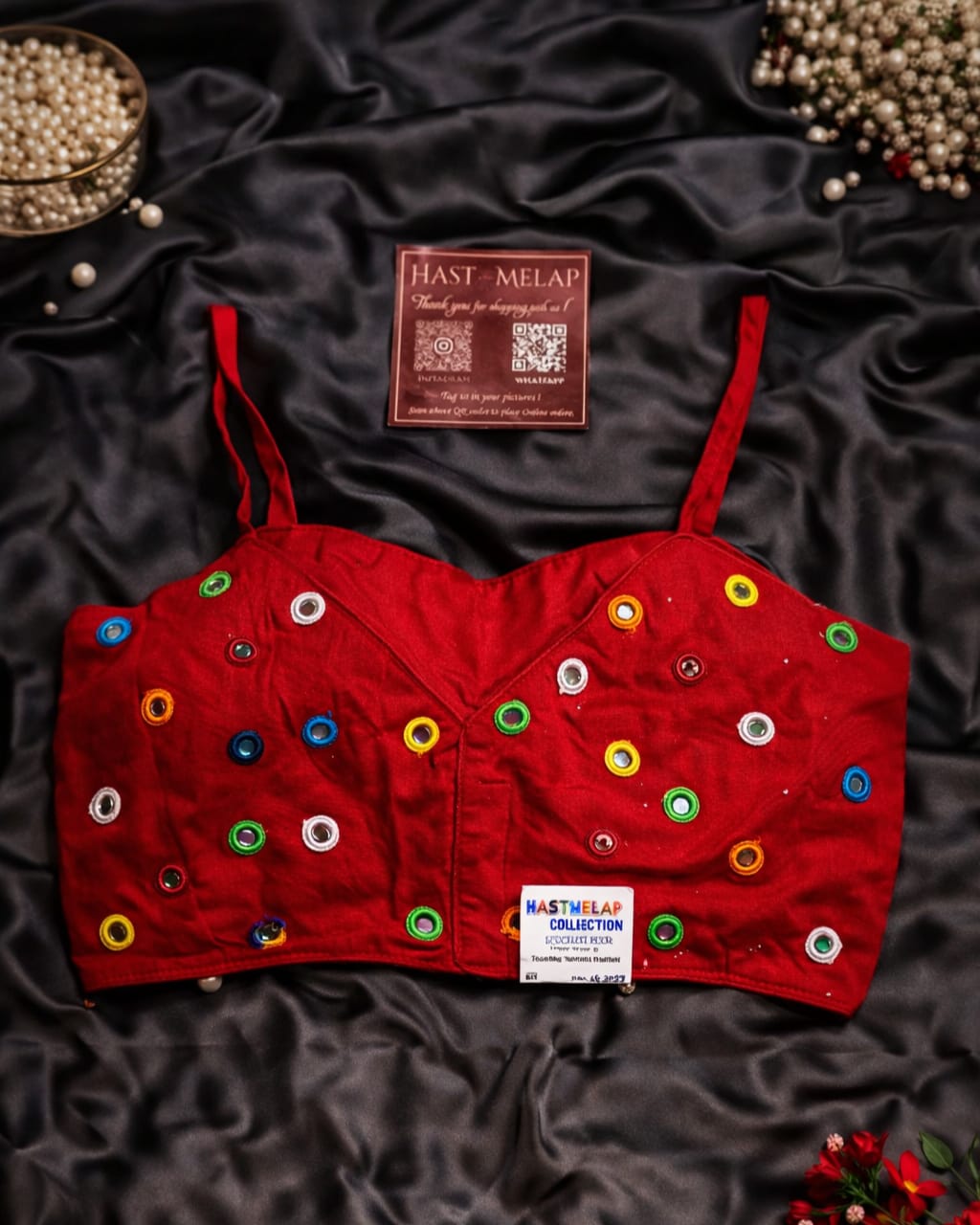 Navratri blouse with mirror work and kodi for garba red sleeveless