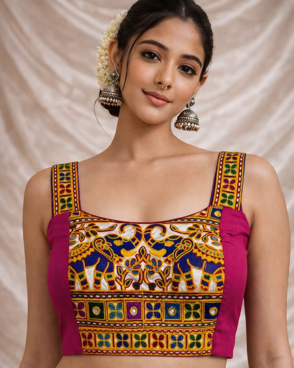 Navratri garba halter neck blouse in magic cotton with embroidery and mirror work, sleeveless pink