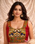 Navratri garba halter neck blouse in magic cotton with embroidery and mirror work, sleeveless Red