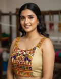 Navratri garba halter neck blouse in magic cotton with embroidery and mirror work, sleeveless off white
