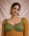 Mumtaz Ajrakh cotton designer choli with dori back, sweetheart neck blouse, half sleeves traditional Gujarati style blouse for women yellow green navratri