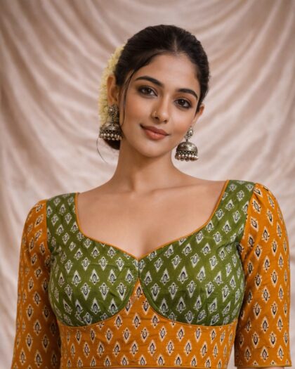 Mumtaz Ajrakh cotton designer choli with dori back, sweetheart neck blouse, half sleeves traditional Gujarati style blouse for women yellow green navratri