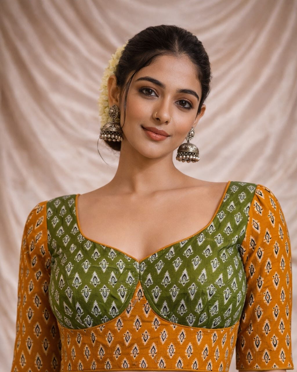 Mumtaz Ajrakh cotton designer choli with dori back, sweetheart neck blouse, half sleeves traditional Gujarati style blouse for women yellow green navratri