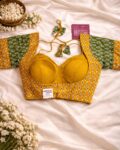 Mumtaz Ajrakh cotton designer choli with navratri back, sweetheart neck blouse, half sleeves traditional Gujarati style blouse for women yellow green