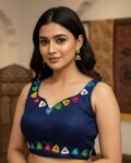 Navratri hand mirror work cotton blouse for women, Gujarati garba blouse with V neck, attachable sleeves, traditional festive blouse blue
