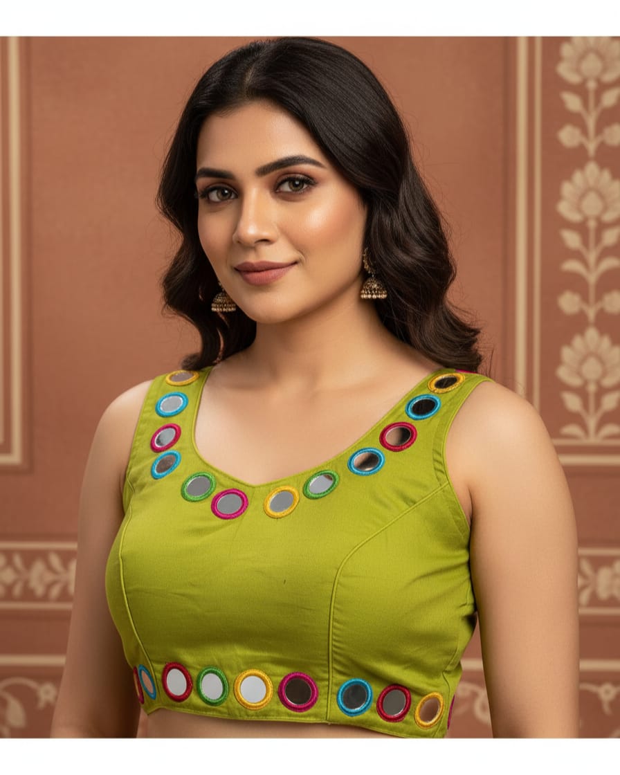Navratri mirror work blouse for women, Gujarati garba blouse in fantom silk with heavy real mirror work, Bollywood style festive blouse Attachable Sleeves green navratri