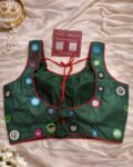 Navratri aabla mirror work blouse for women, Gujarati garba blouse in fantom silk, sweetheart neck traditional festive blouse with Attachable Sleeves green