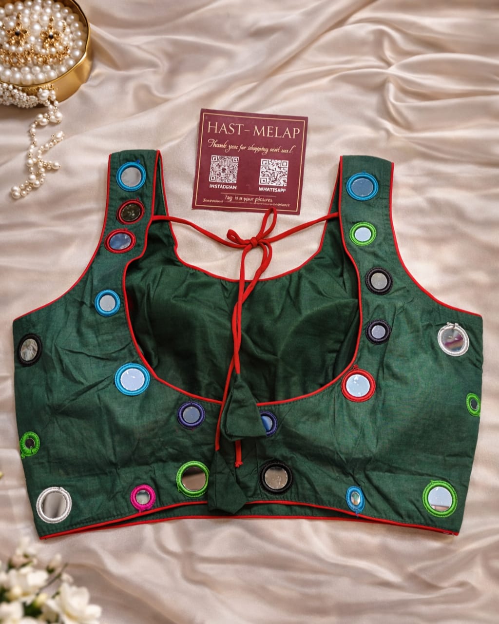 Navratri aabla mirror work blouse for women, Gujarati garba blouse in fantom silk, sweetheart neck traditional festive blouse with Attachable Sleeves green