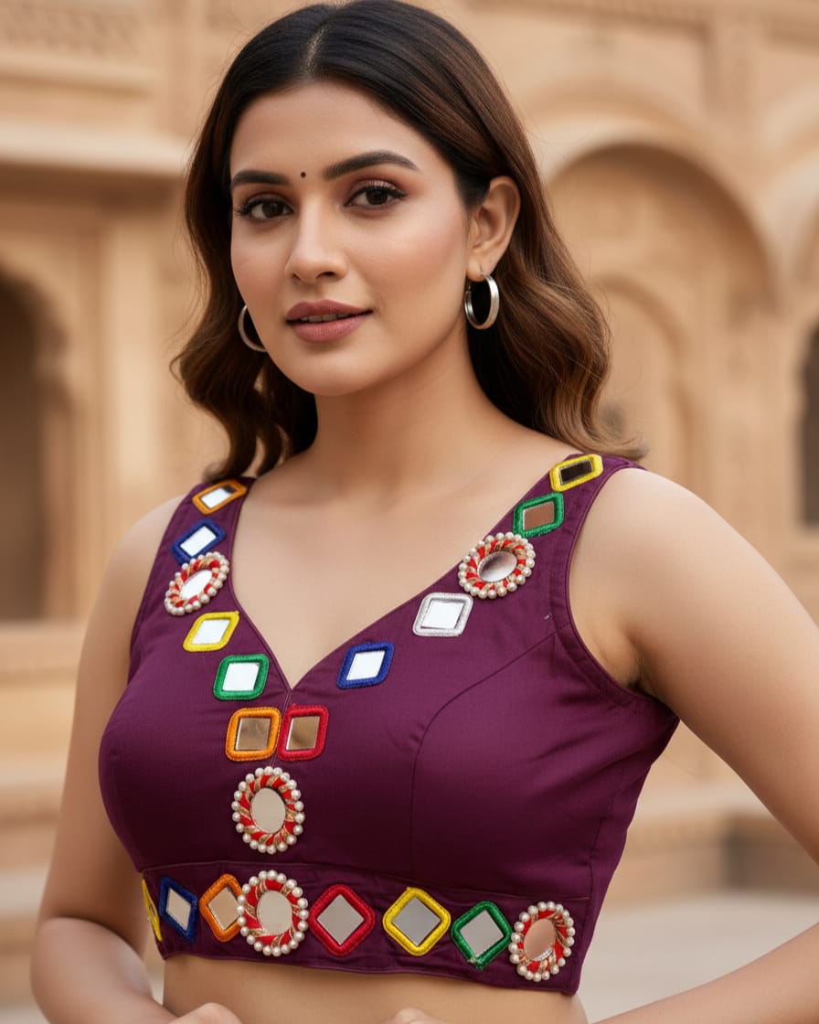 Navratri aabla mirror work Roman silk blouse for women, Gujarati garba blouse with attachable sleeves, traditional festive designer blouse Magenta