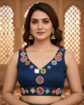 Navratri aabla mirror work Roman silk blouse for women, Gujarati garba blouse with attachable sleeves, traditional festive designer blouse blue