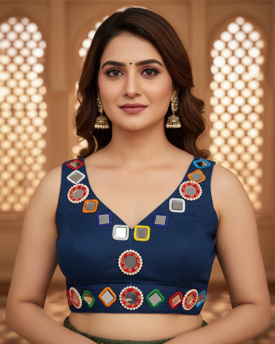 Navratri aabla mirror work Roman silk blouse for women, Gujarati garba blouse with attachable sleeves, traditional festive designer blouse blue