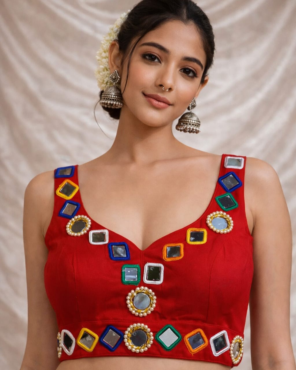 Navratri aabla mirror work Roman silk blouse for women, Gujarati garba blouse with attachable sleeves, traditional festive designer blouse RED