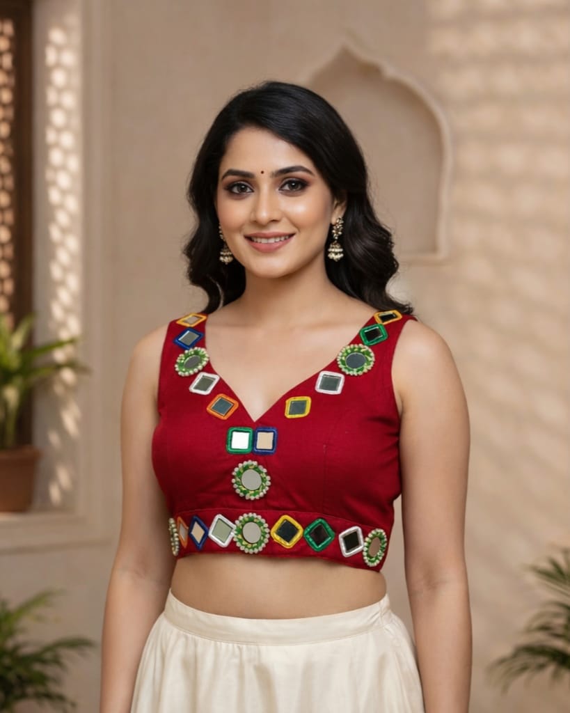 Navratri aabla mirror work Roman silk blouse for women, Gujarati garba blouse with attachable sleeves, traditional festive designer blouse Maroon