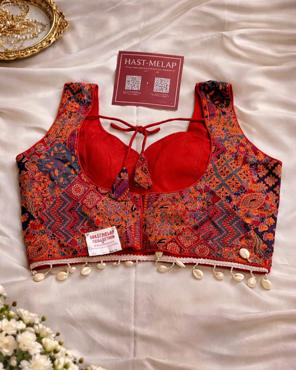 WhatsApp Image 2026-04-13 at 4.58.42 PM (1) Ajrakh print V neck blouse with attachable sleeves, ethnic cotton blouse for women MAROON
