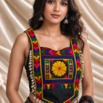 Kutchi Gamthi mirror work satin blouse, Gujarati sleeveless Navratri blouse for women black
