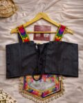 Kutchi Gamthi mirror work satin blouse, Gujarati sleeveless Navratri blouse for women black